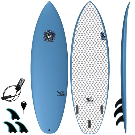 Performance Soft Top Short Foam Surfboard - Includes Leash + Fins in Lt Blue