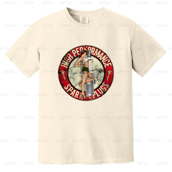 High Performance Spark Plugs Pin Up Girl Vintage Retro Garage Auto Comfort Color T-Shirt Unisex, up to 4XL