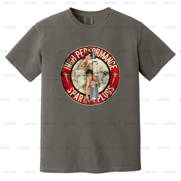 High Performance Spark Plugs Pin Up Girl Vintage Retro Garage Auto Comfort Color T-Shirt Unisex, up to 4XL