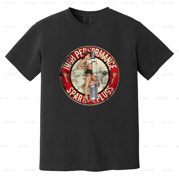 High Performance Spark Plugs Pin Up Girl Vintage Retro Garage Auto Comfort Color T-Shirt Unisex, up to 4XL