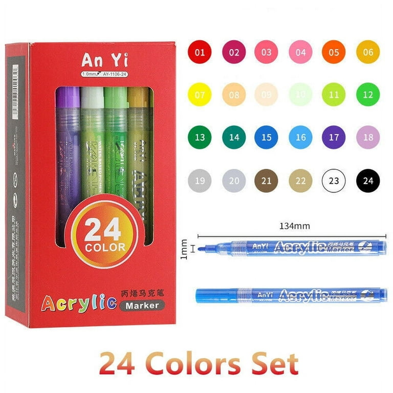 ARTOOLI 24 Metallic Acrylic Paint Pens Marker Set 0.7mm Extra Fine and 3.0mm Medium Tip Combo for Rocks, Glass, Mugs, Most surfaces. Non Toxic