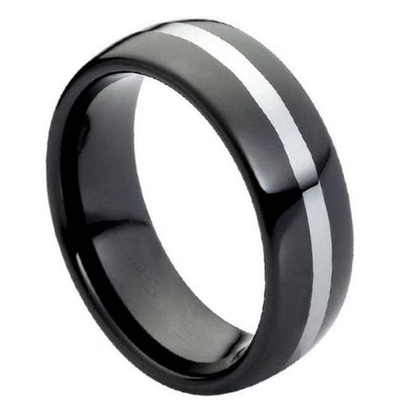High Polish Black Plated Tungsten Silver Center Line Band Ring Size 9.5