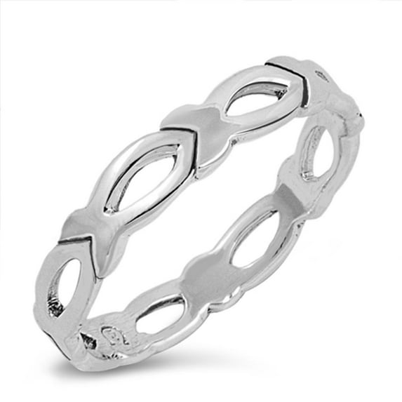 High Polish Christian Fish Loop Stackable Ring Sterling Silver Band 925 Jewelry Female Male Size 8
