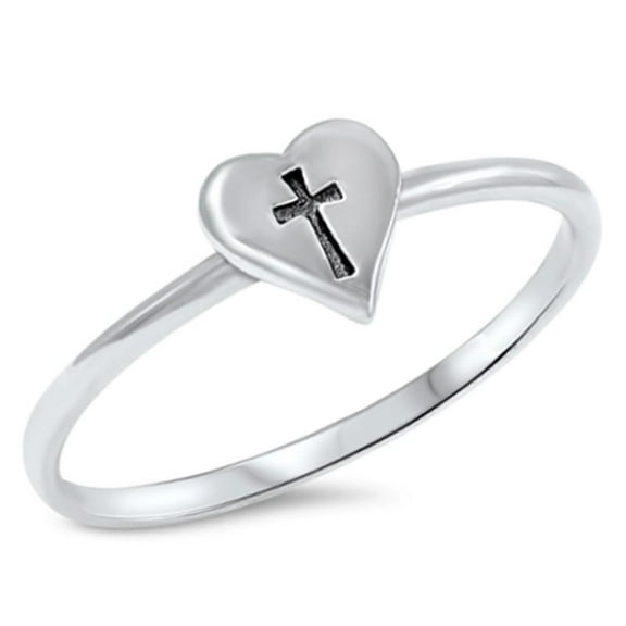 High Polish Heart Flat Cross Ring .925 Sterling Silver Band Jewelry Female Male Unisex Size 6