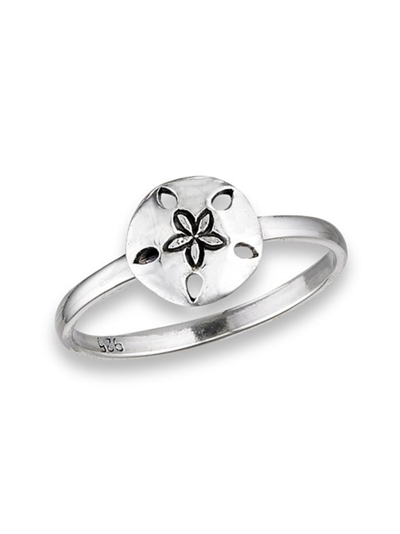 High Polish Sand Dollar Ring .925 Sterling Silver Beach Flower Band Jewelry Female Male Size 6