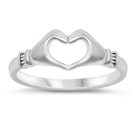 High Polish Sterling Silver Heart Hand Ring Size 7