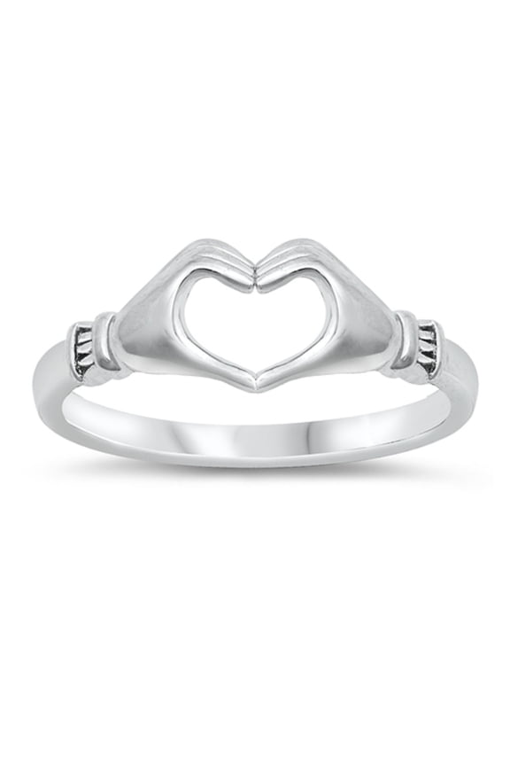 High Polish Sterling Silver Heart Hand Ring Size 7