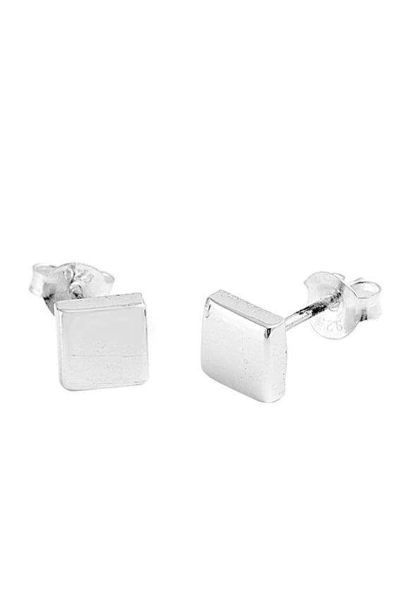 High Polish Tiny Flat Square .925 Sterling Silver Plain Stud Earrings Jewelry Female Unisex