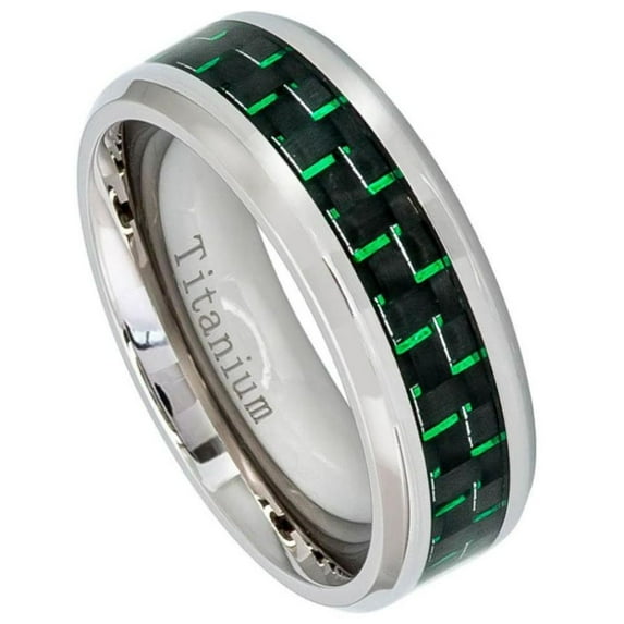 High Polish Titanium Green Carbon Fiber Beveled Edge Ring Size 8.5