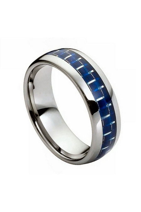 High Polish Tungsten Blue Carbon Fiber Inlay Domed Band Ring Size 10