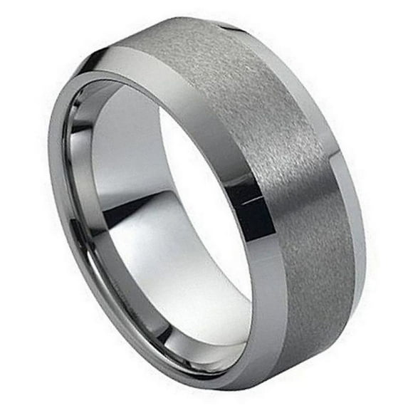 High Polish Tungsten Brushed Center Plain Beveled Edge Band Ring Size 15
