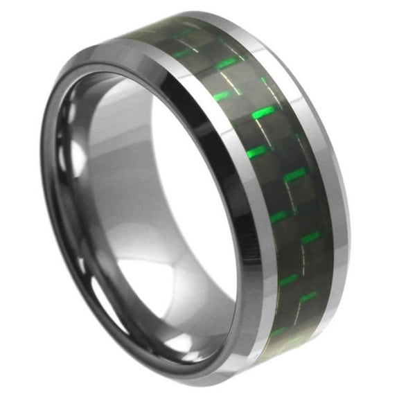 High Polish Tungsten Green And Black Carbon Fiber Band Ring Size 15