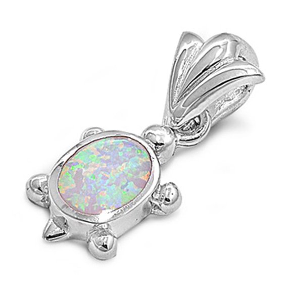 High Polish Turtle Pendant White Simulated Opal .925 Sterling Silver Charm Jewelry Female Unisex