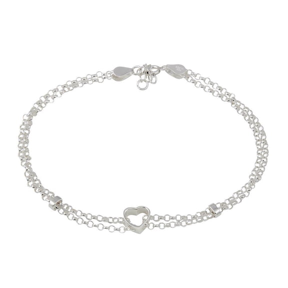 High Polished 925 Sterling Silver Open Heart Center Rolo Link Anklet Bracelet 9+1" Jewelry Female