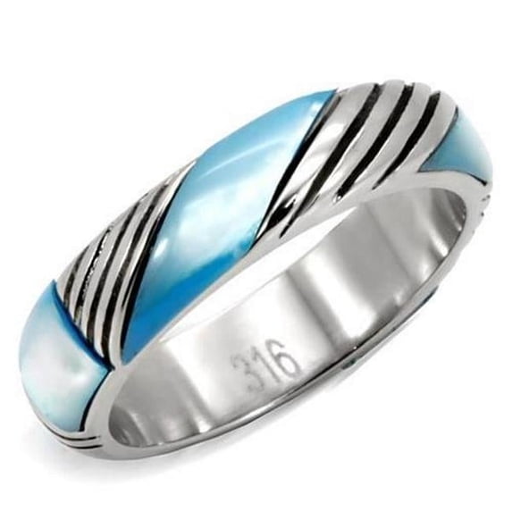 High Polished No Plating Stainless Steel Ring with Precious Stone Conch, Sea Blue - Size 7