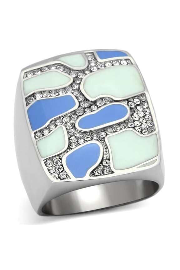 High Polished No Plating Stainless Steel Ring with Top Grade Crystal, Clear - Size 7