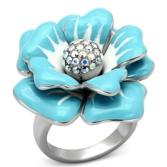 High Polished No Plating Stainless Steel Ring with Top Grade Crystal, Rainbow Effect Aurora Borealis - Size 6