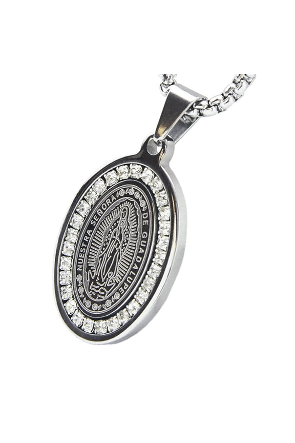 High Polished Silver Plated Stainless Steel Guadalupe Virgin Mary Pendant 3 mm Box Chain Necklace SCP 152 S