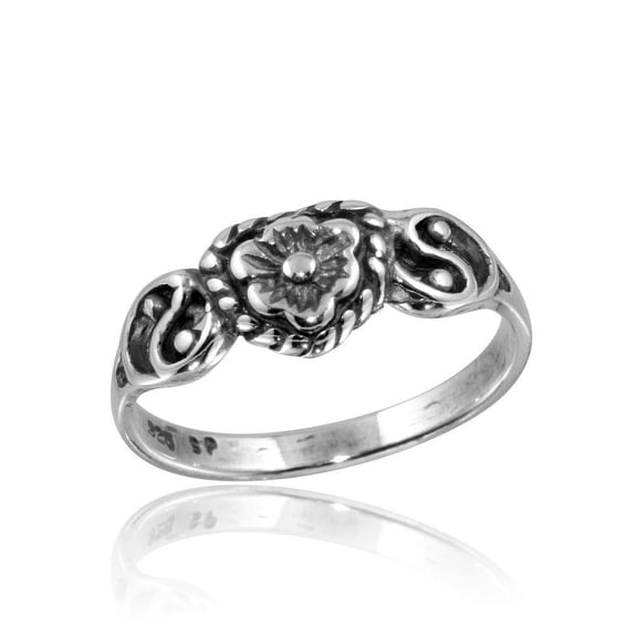 High Polished Sterling Silver Flower With Two Yin Yang Symbol Sides Ring Size 10