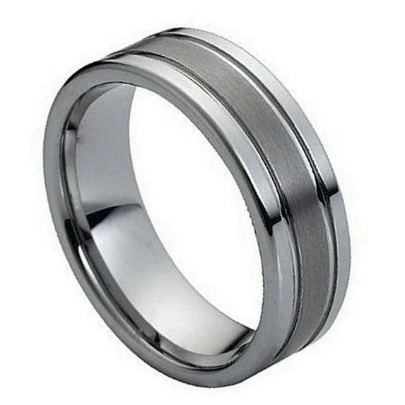 High Polished Tungsten Brushed Double Grooved Center Band Ring Size 7