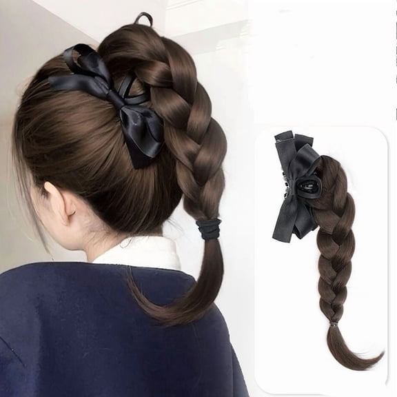 High Ponytail Braided Hair Wig - Clip-In Half Bow Braided Low Ponytail Extension for Effortless Style