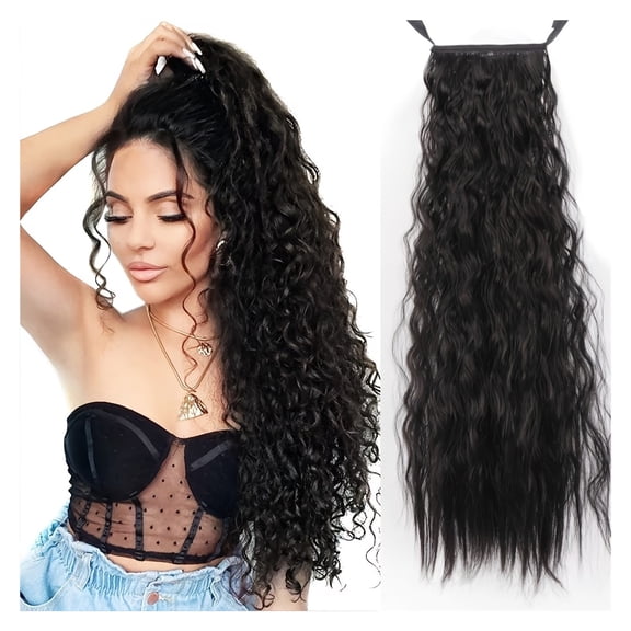 High Ponytail Lace-up Cornrows Wig for Women - Natural Black Long Curly Water Ripple Synthetic Hair