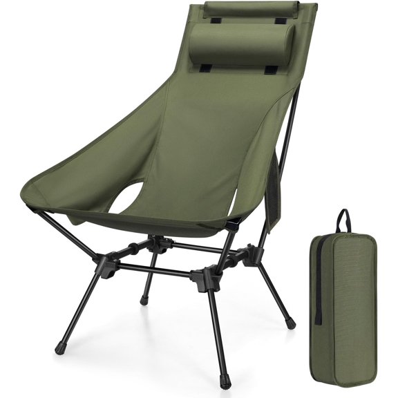 High Portable Compact Camping Chair, Lightweight Green Folding Chair with Support & Widened Seat, Adjustable Support for Beach, Camping, Festival, Hiking and Outdoor Travel
