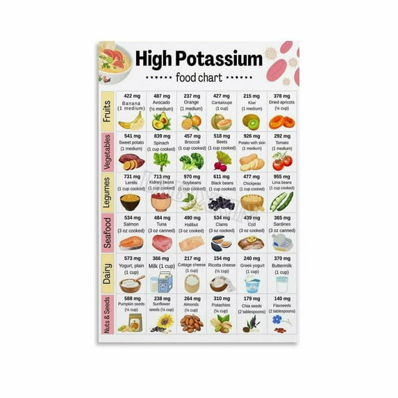 High Potassium Food Chart Poster Potassium-Rich Diet List Wall Art Canvas Painting for Living Room Bedroom Decor