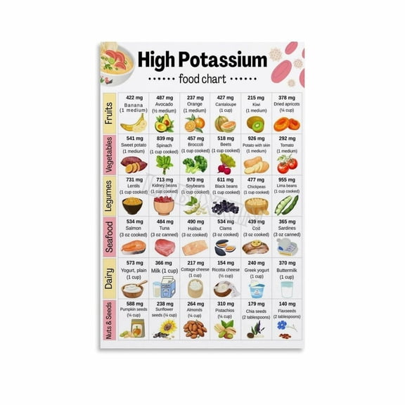 High Potassium Food Chart Poster Potassium-Rich Diet List Wall Art Canvas Painting for Living Room Bedroom Decor