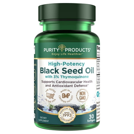 Purity Products High Potency Black Seed Oil - Double Strength + Cold Pressed - 3% Thymoquinone - 500 mg Black Cumin Seed Oil - Omega 6 + 9 Essential Fatty Acids - Easy to Swallow - 30 Mini Softgels