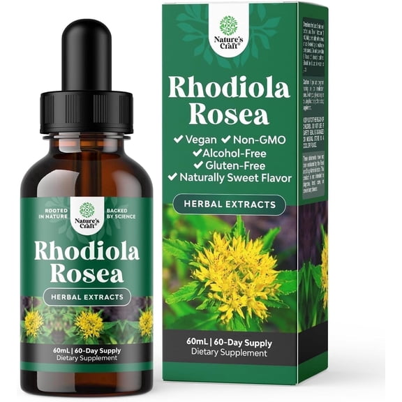 Natures Craft High Potency Rhodiola Rosea Tincture -Liquid Rhodiola Supplement for Stress Energy and Mood Support with 3% Salidrosides Rosea Extract - Vegan Non-GMO & Alcohol-Free (60 Servings)