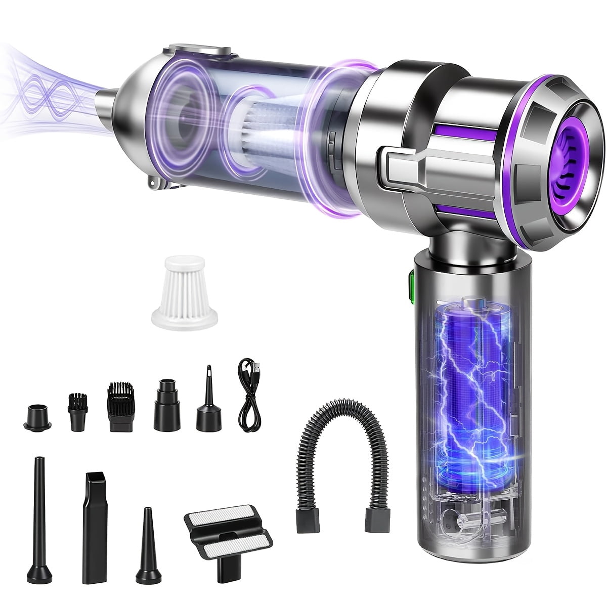 High Power 10-in-1 Wireless Handheld Vacuum Cleaner, Blowing & Suction for Car Home Pet Office, Rechargeable Brushless Motor with Washable Filters, Low Noise