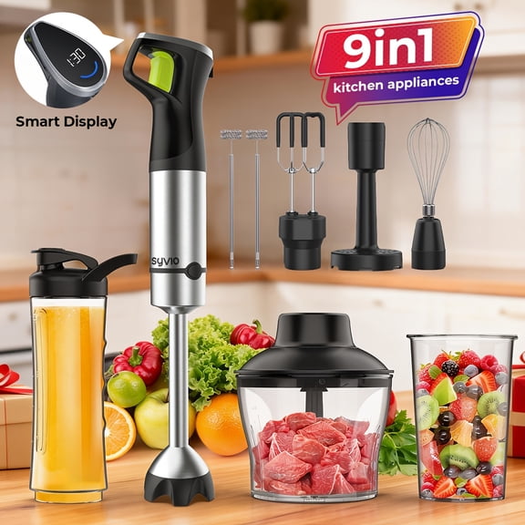 High-Power 1200W Immersion Blender with 52000 RPM Motor, 9-in-1 Handheld Mixer Set Including Chopper, Whisk, Frother, and Beaker Attachments, Adjustable Speed Trigger and Digital Display