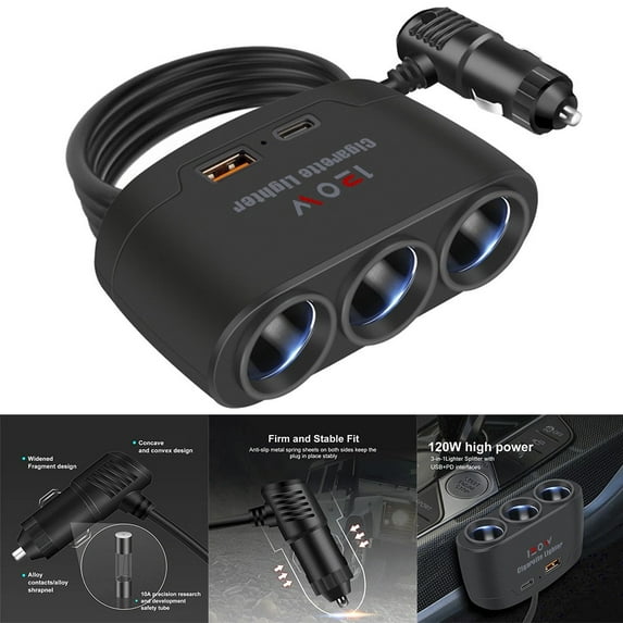 High Power 12V 24V Car Charger With Triple Socket Splitter For Dashcam