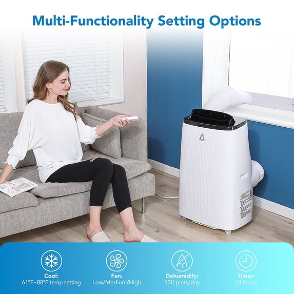 High-Power 15,000 BTU Portable Air Conditioner - 3-in-1 Cooling, Fan & Dehumidifier - Fast & Quiet ≤54dB, 24H Timer, LCD Remote, Window Kit - Dark Top Cover