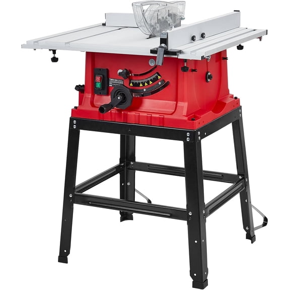 High-Power 15A 5000RPM Table Saw – 10-Inch Portable Benchtop with Stand – Adjustable Blade Height – 90° Crosscut & 0-45° Bevel – Powder Collector – Multi-Purpose for Woodworking, Metal, Plastic