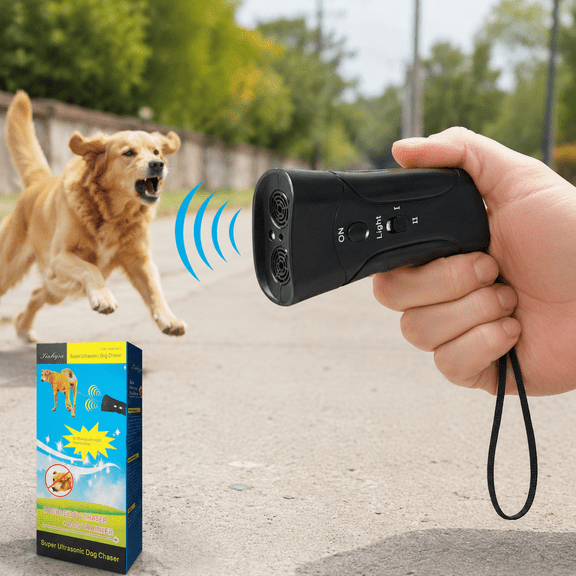 High Power Dual Speaker Ultrasonic Dog Anti Barking Device, Handheld Pet Training & Deterrent Repeller with LED Flashlight, No Shock Safe Bark Control Tool for Indoor Outdoor Use