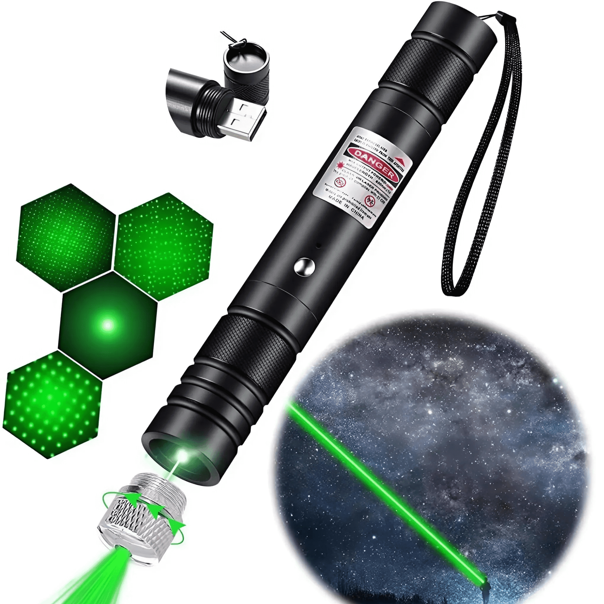 High Power Green Laser Pointer, 2000M Long-Range USB Rechargeable Laser Pen with Durable Aluminum Alloy Shell for Outdoor Survival, Hiking, Astronomy, and Pet Play