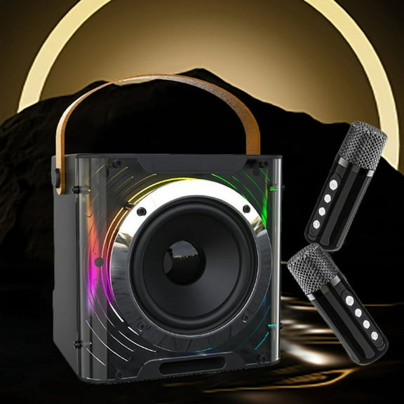 High Power Karaoke Bluetooth Speaker Music Rhythm Light Stereo Surround Wireless Subwoofer with Dual Microphone Black