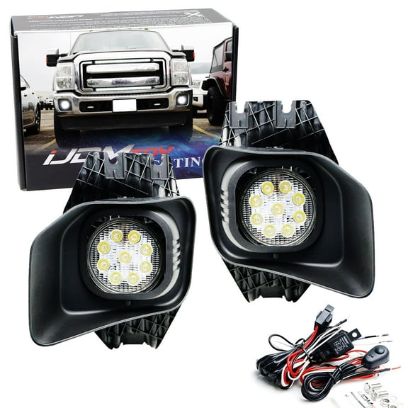 High Power LED Fog/Driving Light Kit For 2011-16 Ford F250 F350 F450, Incl (2) 27W Round LED Lamps, Fog Location Mount Brackets, Bezels & On/Off Switch Relay Wire