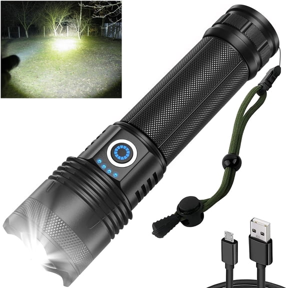 High Power Led Flashlight Rechargeable 4 Core Torch Zoom USB Hand Lantern for Camping,Outdoor & Emergency Use,Black