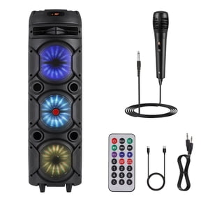 High Power Wireless Party Speaker with Disco LED Lights, TWS, AUX, FM, Wheels & Microphones - Portable PA Sound System Karaoke Machine for Car, RV