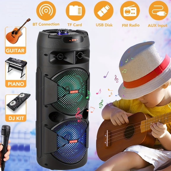 High Power Wireless Party Speaker with Disco LED Lights, TWS, AUX, FM, Wheels & Microphones - Portable PA Sound System Karaoke Machine for Car, RV
