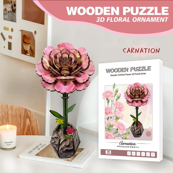 High-Precision 3-D Wooden Botanical Engineering Kit, Mechanical Carnation Model with Interlocking Petal Logic, Durable Laser-Cut Assembly Station for Hobbyists