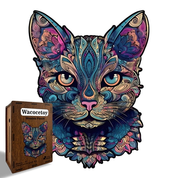 High-Precision 3D Wooden Engineering Puzzle Art: Intricate Feline Head Silhouette with 100+ Laser-Cut Pieces, Durable Multi-Layered Wood Art for Hobbyists, Small
