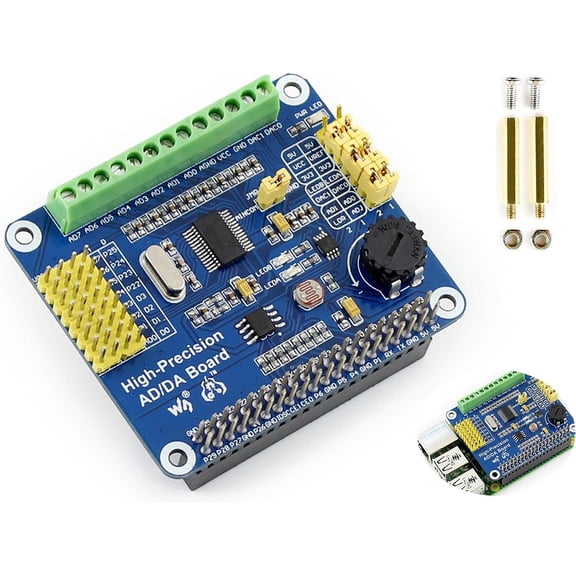 High-Precision AD/DA Expansion Board for 4B/3B+/3B/2B/Zero/W/Zero WH and Jetson Nano,Add High-Precision AD/DA Functions to Pi. Onboard ADS1256 8-CH 24bit ADC and DAC8532 2-CH 16bit DAC
