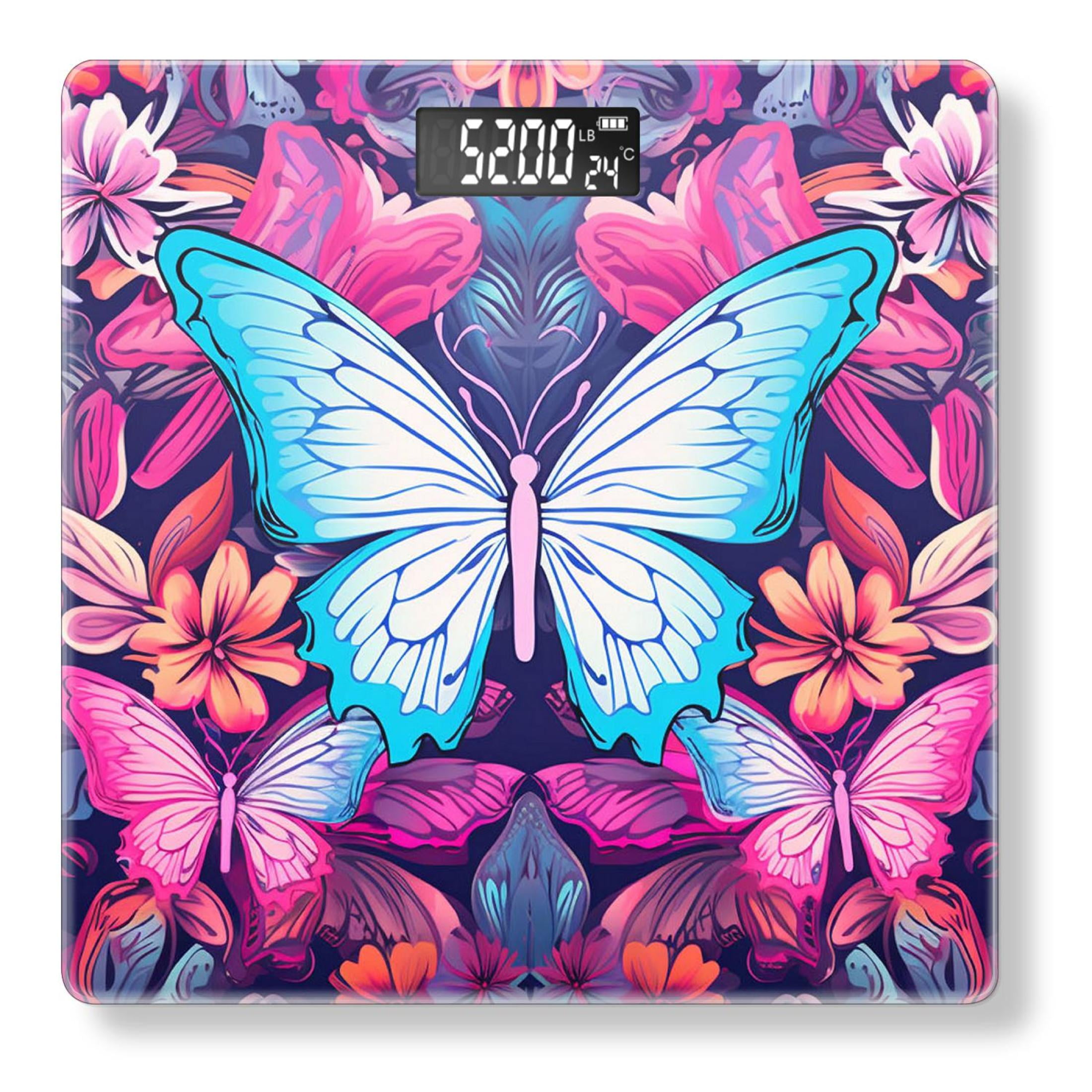 High Precision Body Weight Scale Smart Bathroom Scales with Large LCD Display(400 lbs),Decorative for Bedroom-Butterfly with Flowers and Leaves on a Black Background