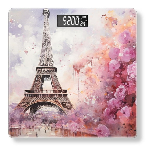High Precision Body Weight Scale Smart Bathroom Scales with Large LCD Display(400 lbs),Decorative for Bedroom-Watercolor Painting of the Eiffel Tower in Colorful Flowers Impressionism