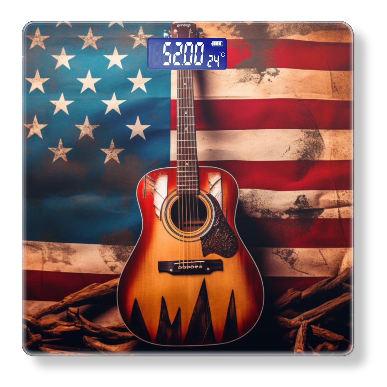 High Precision Body Weight Scale Smart Bathroom Scales with Large LCD Display(400lbs),Decorative for Bedroom-Acoustic Guitar With American Flag Background