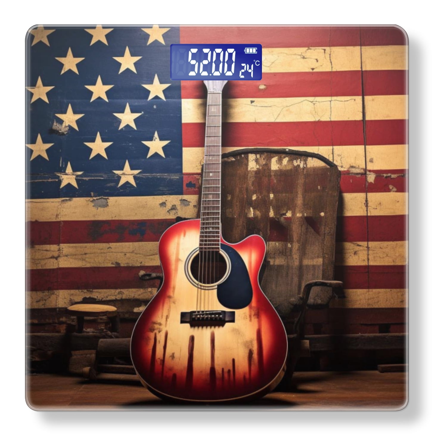 High Precision Body Weight Scale Smart Bathroom Scales with Large LCD Display(400lbs),Decorative for Bedroom-Acoustic Guitar In Front Of American Flag